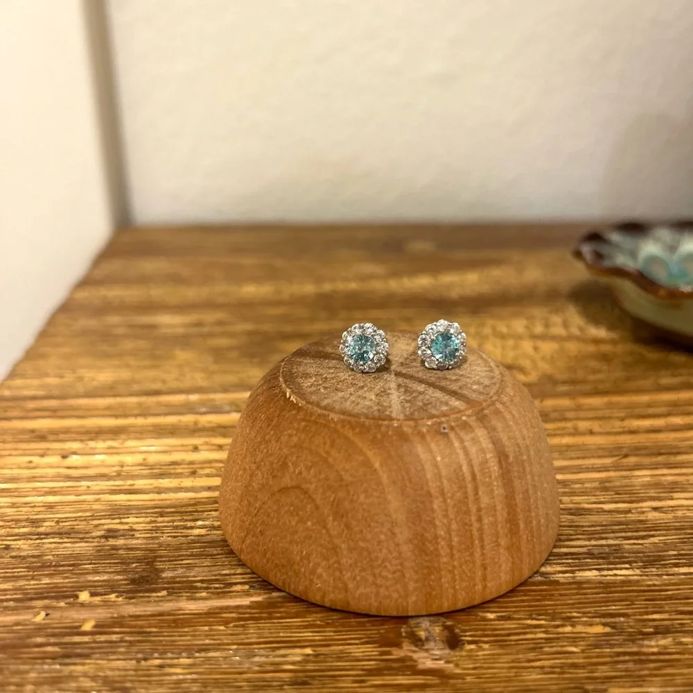 Genuine Blue Topaz White Topaz Halo Stud Post Earrings 925 Sterling Silver